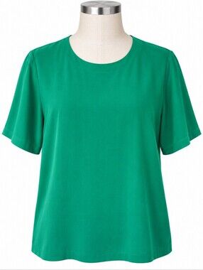 Preston & York Vintage 100% Silk Blouse Top Emerald Green Crew Neck Short Sleeve